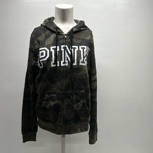 Pink by Victoria Secret Full Zip Hooded Hoodie Green Camo Camouflage Size Medium